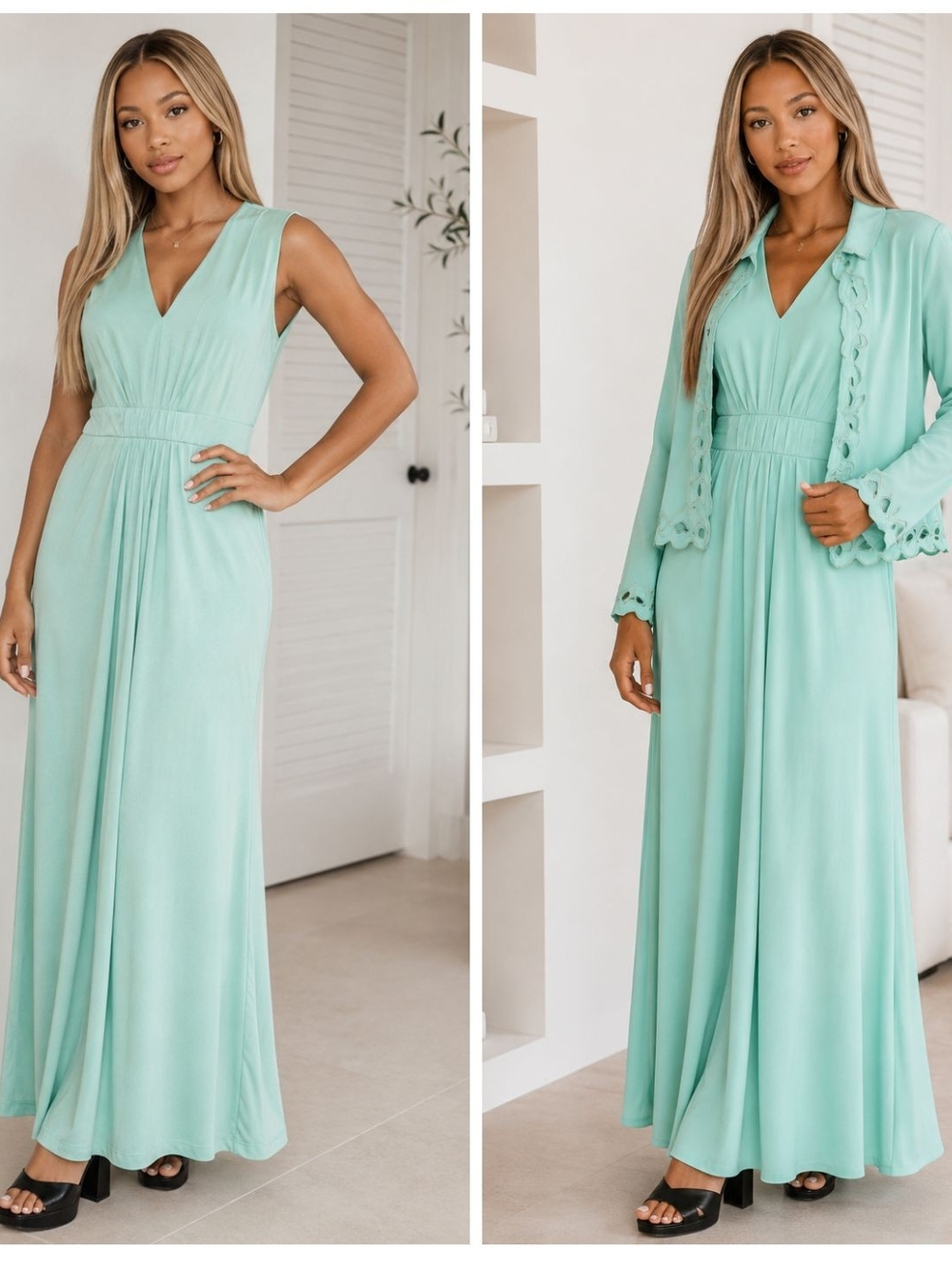 Super Vintage Sleeveless V-Neck Mint Maxi Dress From 1960s With Matching Jacket